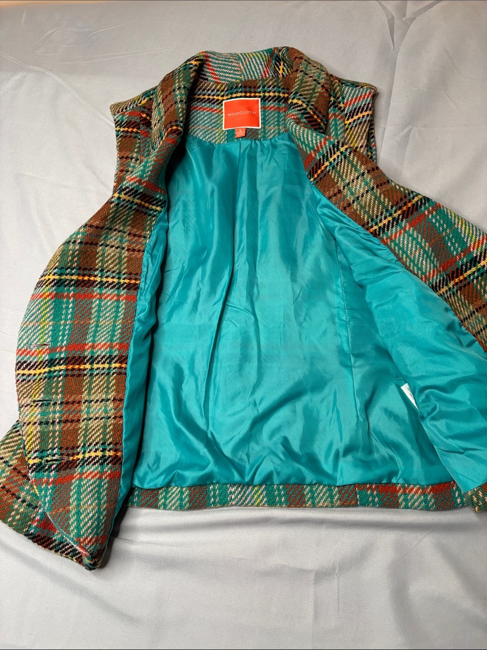 Modcloth Plaid Teal, Brown and Cream Plaid Vintage Style Wool Blend Vest Size L - Picture 10 of 10